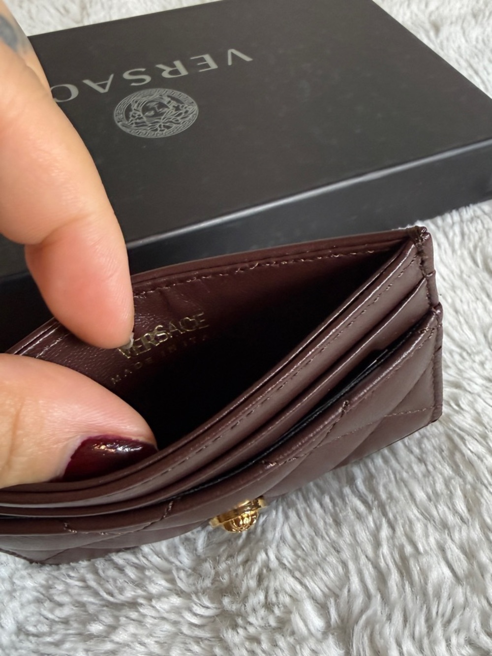Versace Quilted Card Holder in Burgundy with Gold Medusa Button - Picture 3 of 3